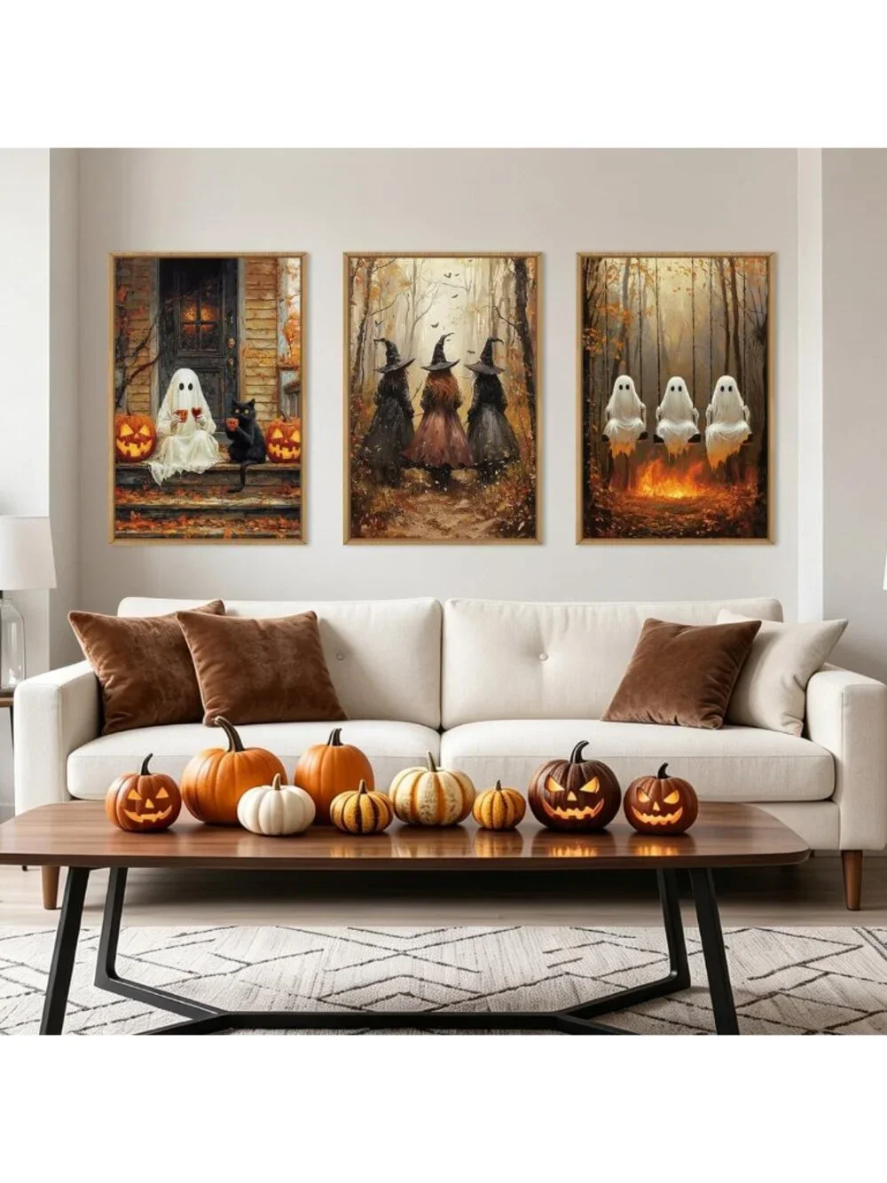 Spooky Halloween Wall Art Set of 3 - Dark Witch, Black Cat & Raven Prints